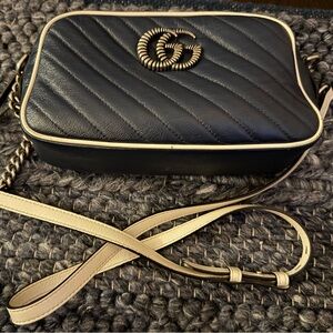 Gucci Marmont Leather Navy/White Crossbody Small Silver Hardware Authentic GG